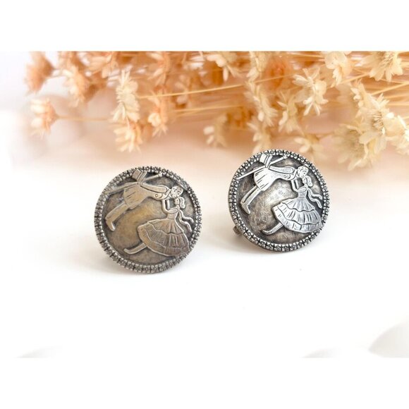 Handmade 30's Antique Courting Couple Sterling Silver Screw Back Vintage Studs - Picture 2 of 8